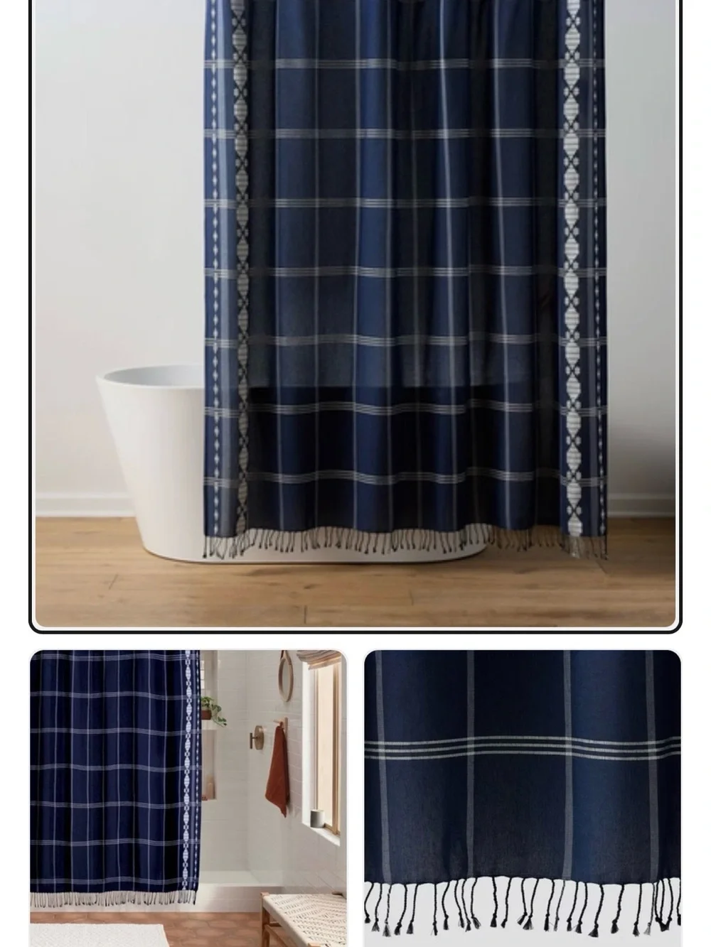 Threshold Navy Plaid Shower Curtain with Fringe